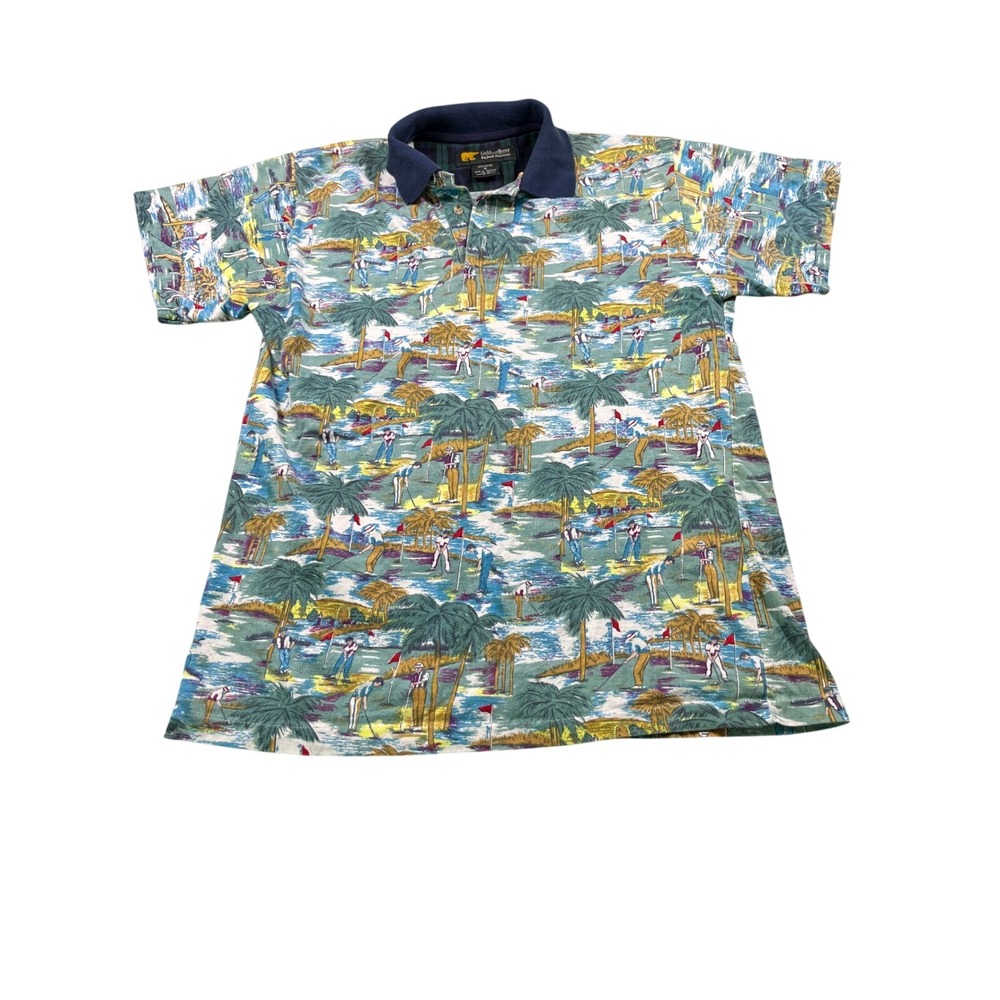 Vintage Golden Bear Jack Nicklaus Golf Polo Men's M All Over Print 100% Cotton
